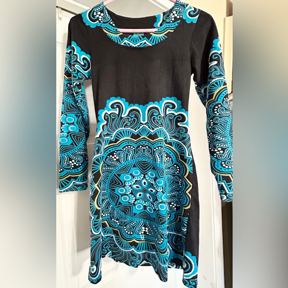 Boho Mandala Print Long Sleeve Dress Black Blue Stretch Mini Dress S/M